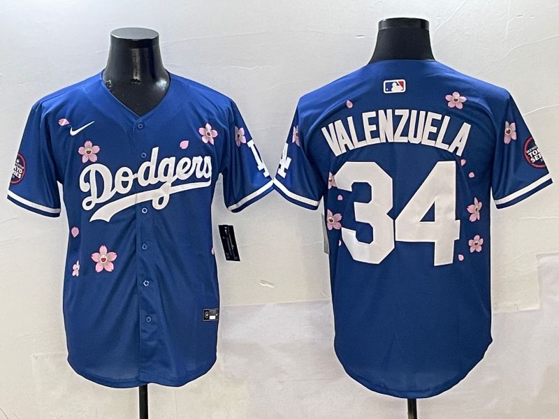 Men Los Angeles Dodgers #34 Valenzuela Blue Sakura Edition 2025 Nike MLB Jersey style 1->los angeles dodgers->MLB Jersey